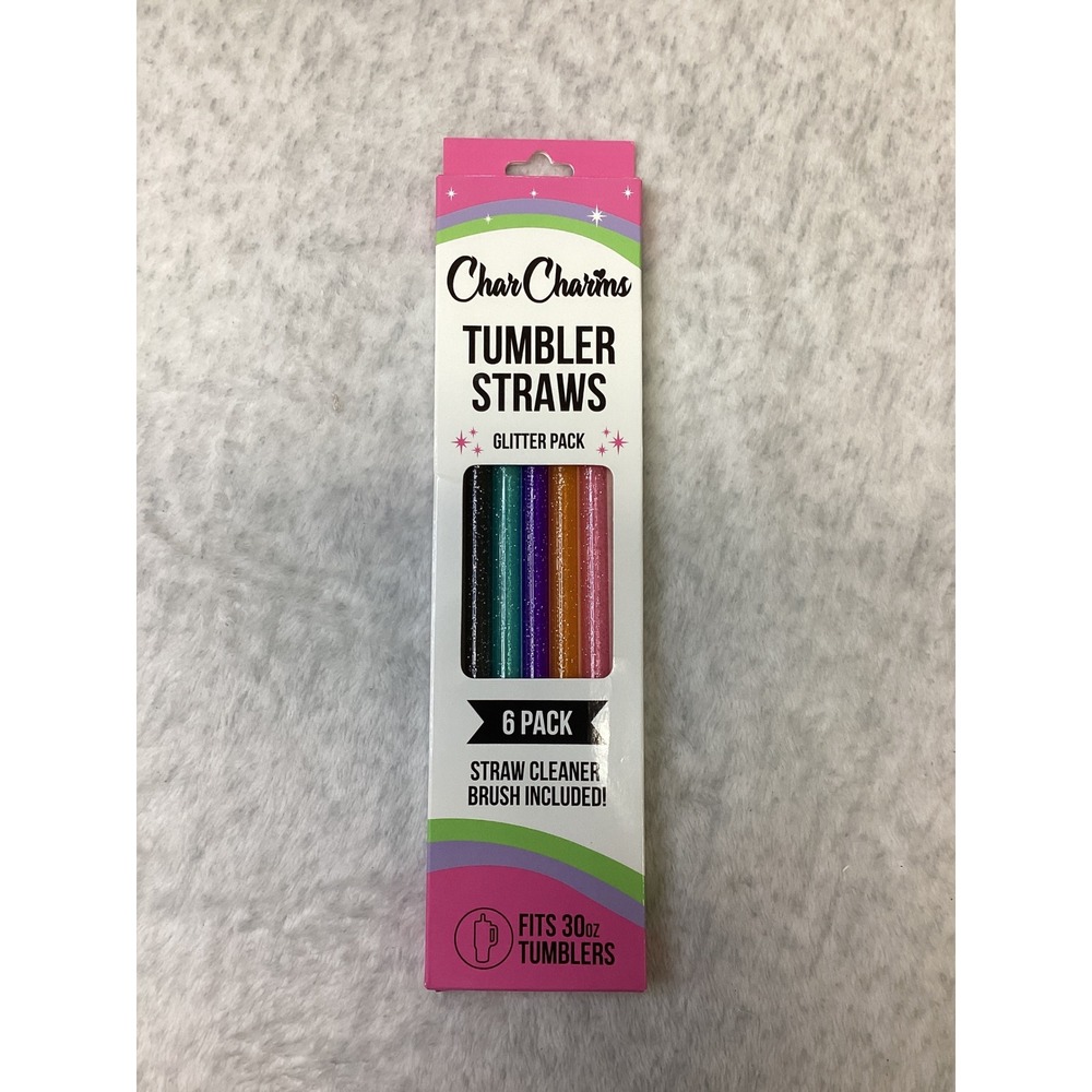 CharCharms Glitter Pack Tumbler Straws 6 Pack with Cleaner Fits 30oz Tumblers